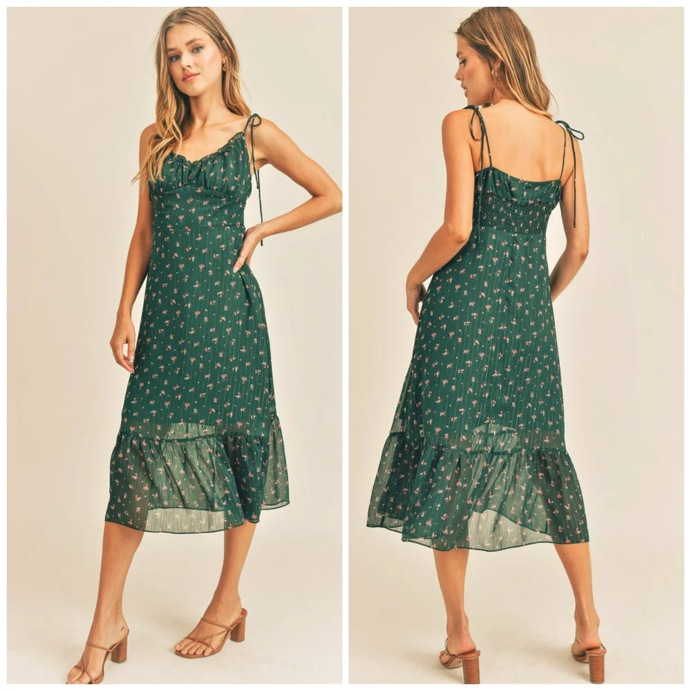 RESET By Jane Chic Hunter Green Floral Midi Dress - Picture 1 of 4